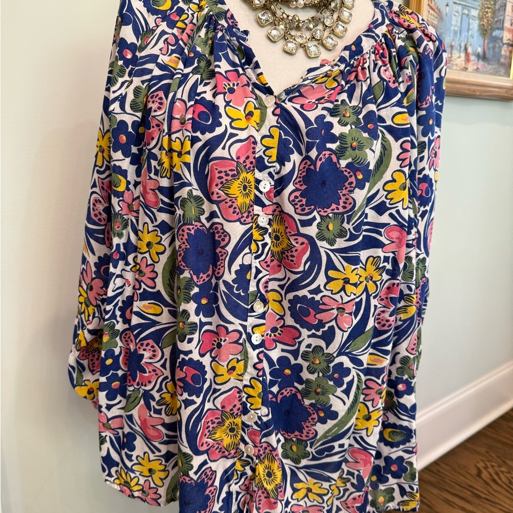 Roller Rabbit Blue and Pink Floral Blouse Large